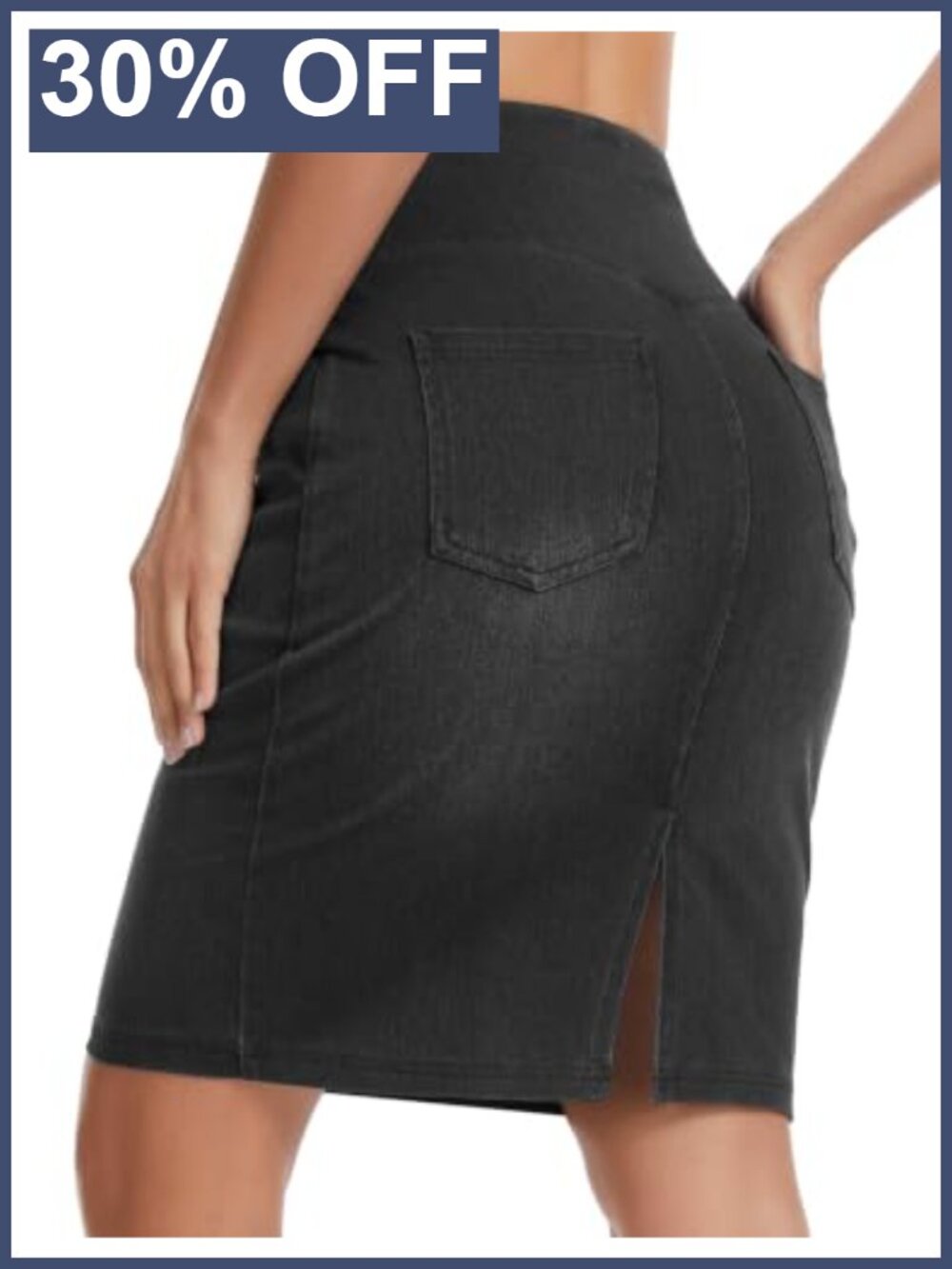 High Waist Stretch Denim Pencil Skirt Knee Length Back Slit Pockets Casual